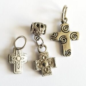 Three cross pendants tiny small silver tone Christian charm religious